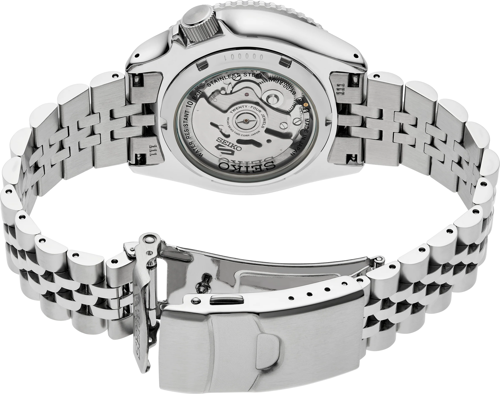 Seiko SSK033 GMT automatic watch with silver sunray dial, dual-tone blue and black 24-hour bezel, luminous hands, magnified date display, and stainless steel five-row bracelet — SKX-inspired GMT model available at Miseki Jewelry