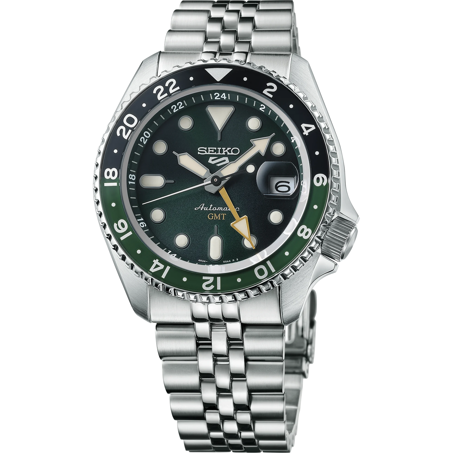 SEIKO SSK035 GMT Automatic Watch – Green Dial with Bi-Color Black and Green Bezel, 42.5mm, Stainless Steel Bracelet, 100M Water Resistant