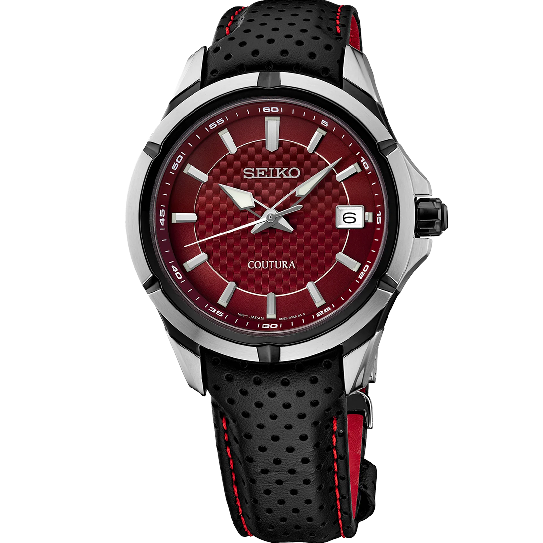 A SEIKO COUTURA SUR567 watch with a red carbon-fiber patterned dial, black case, and black perforated leather strap with red stitching.