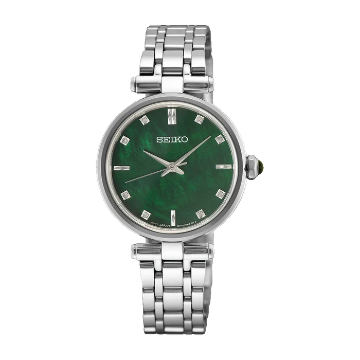 Seiko Diamonds HGK006 quartz watch with mother-of-pearl dial, diamond accents, 29mm stainless steel case, sapphire crystal, three-fold push-button clasp, Caliber 6N01 movement, and 5 bar water resistance.