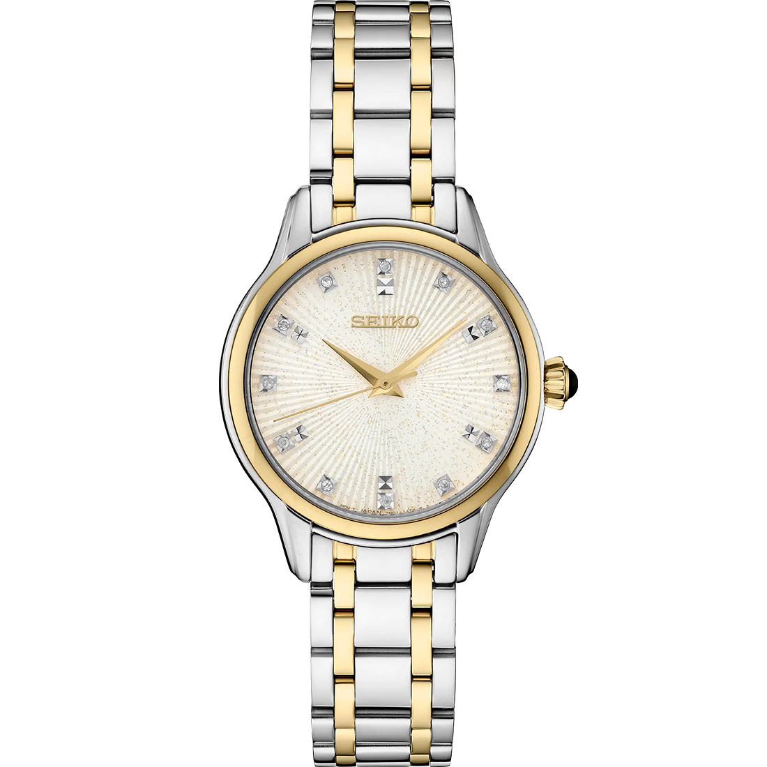 A two-tone stainless steel SEIKO DIAMONDS watch with a silver dial, gold accents, and a classic cabochon crown.