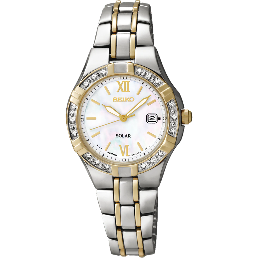 Seiko Diamonds SUT068 solar two-tone women’s watch with mother-of-pearl dial, gold-tone Roman numerals, and 18-diamond bezel.