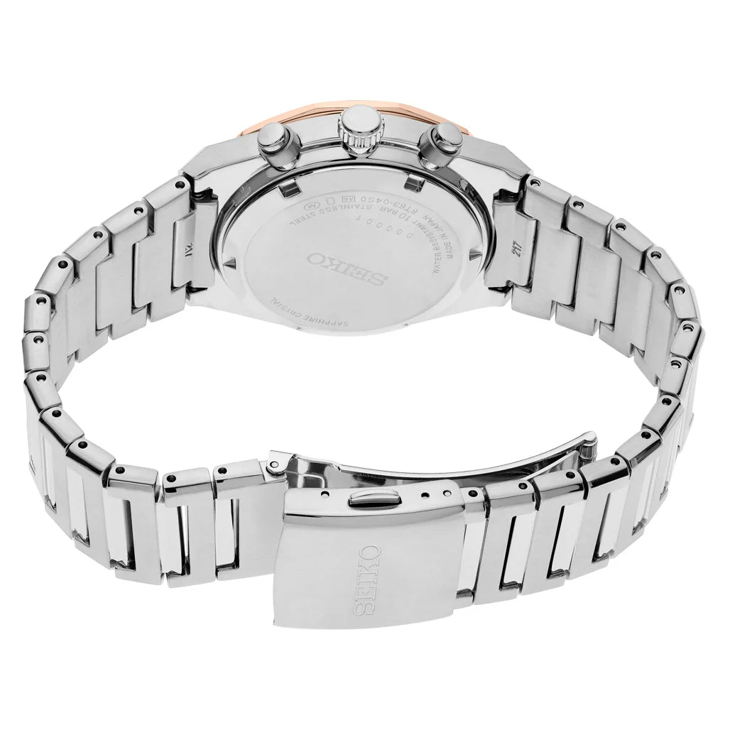 Seiko Essentials HGK002 quartz chronograph watch with 40mm case, sapphire crystal, LumiBrite hands and indexes, 60-minute chronograph, date display, Caliber 8T63 movement, and 10 bar water resistance.