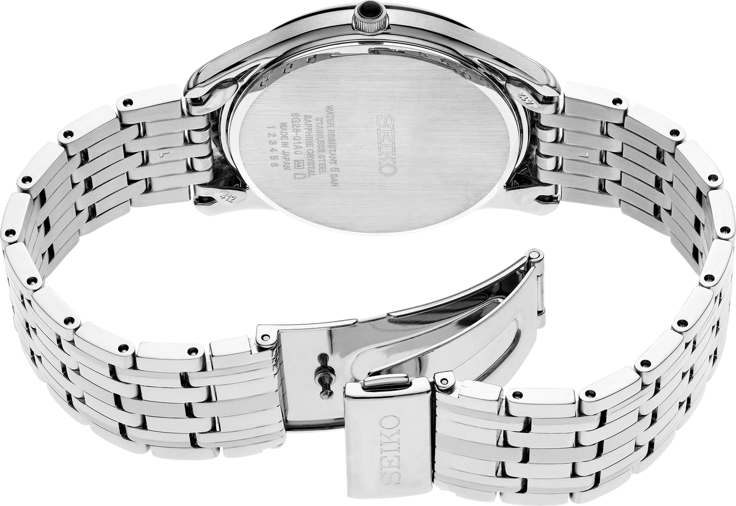 Silver Seiko watch with metal band on a white background