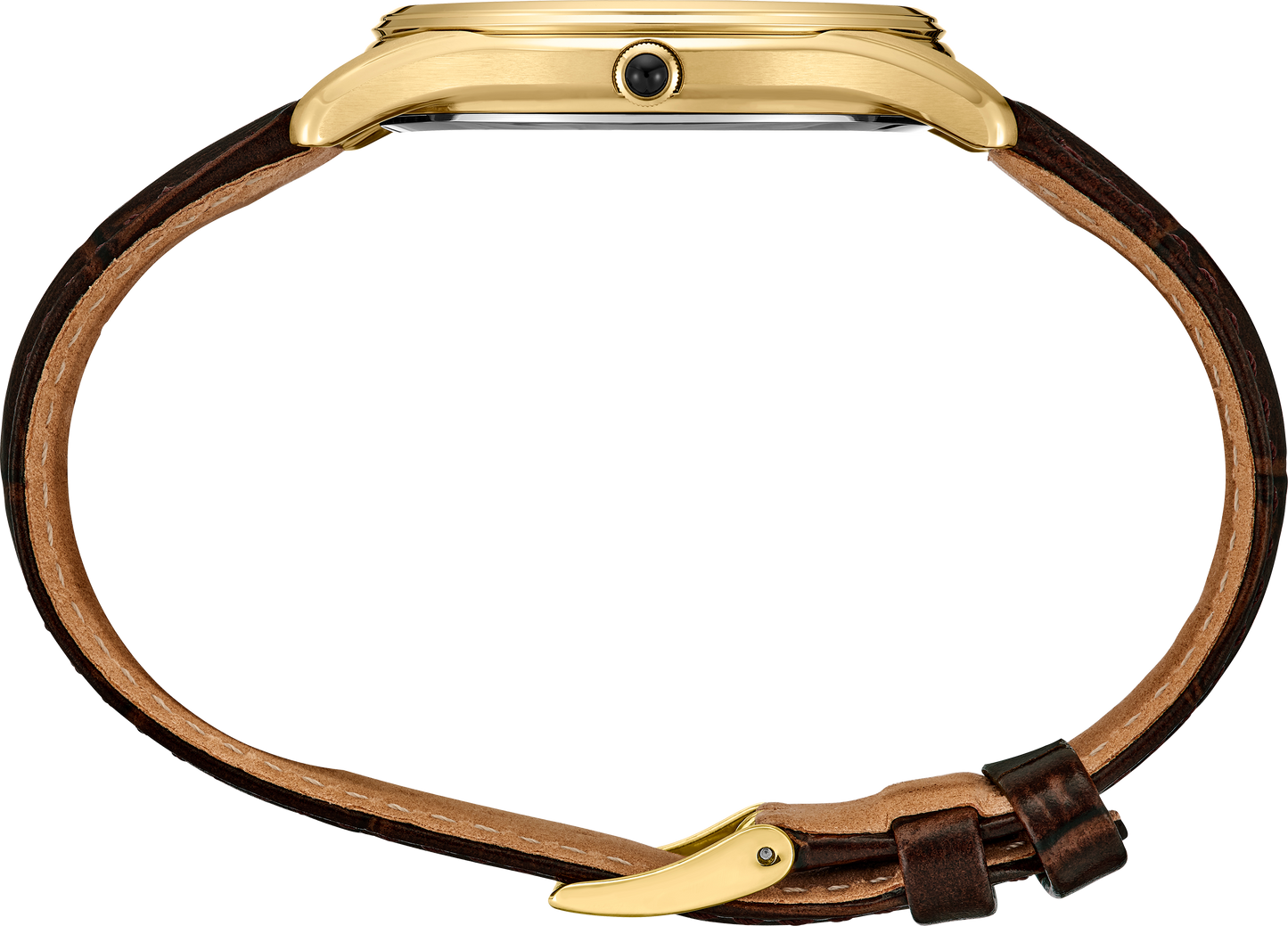 Seiko SRK050 – classic gold-tone dress watch with white Roman numeral dial, seconds subdial, cabochon crown, and brown leather strap; refined elegance from the Essentials Collection.