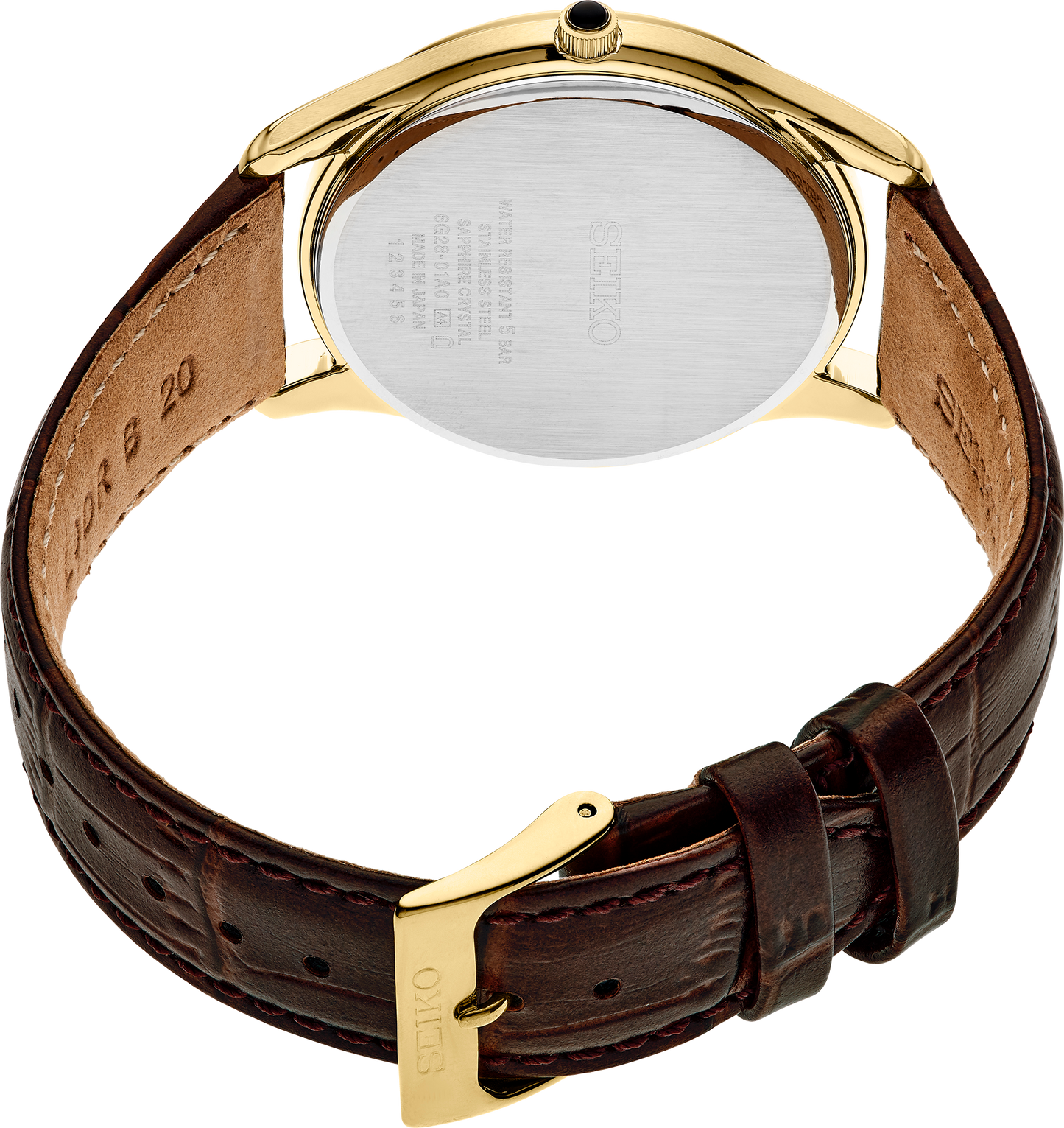 Seiko SRK050 – classic gold-tone dress watch with white Roman numeral dial, seconds subdial, cabochon crown, and brown leather strap; refined elegance from the Essentials Collection.