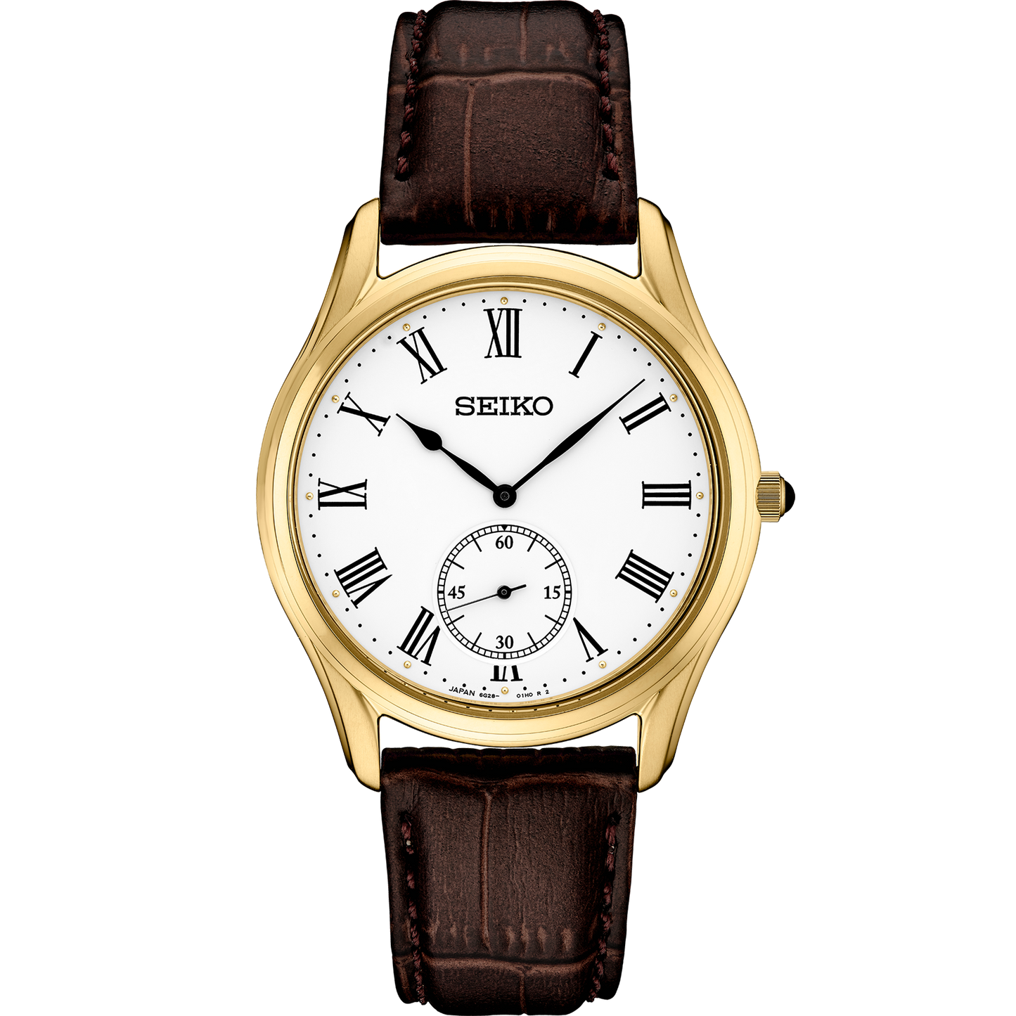Seiko watch with gold case and brown leather strap on a white background