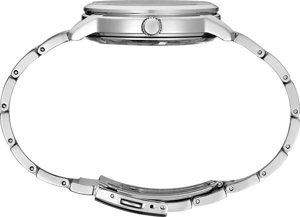 Close-up of a silver watch band on a white background
