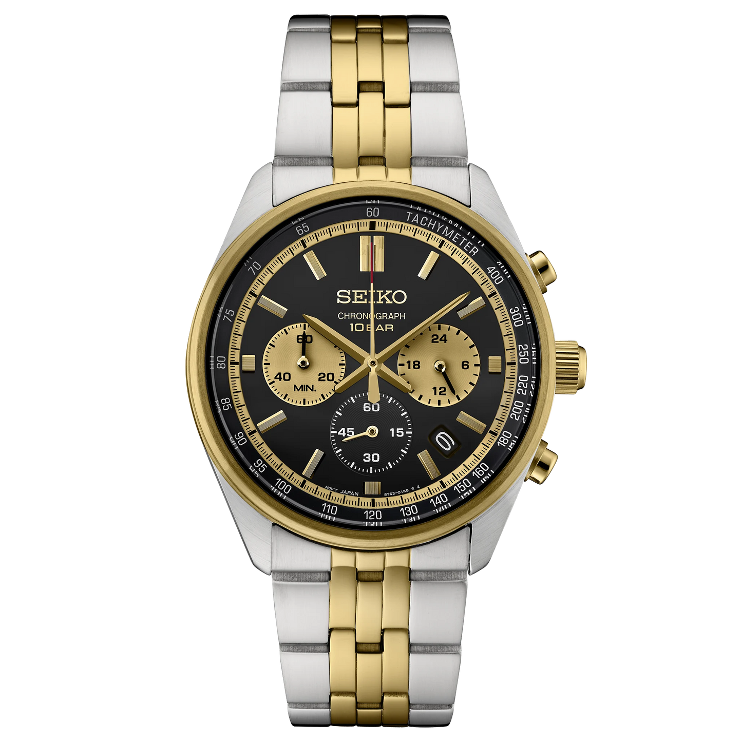 Seiko watch with two-tone metal strap on a white background