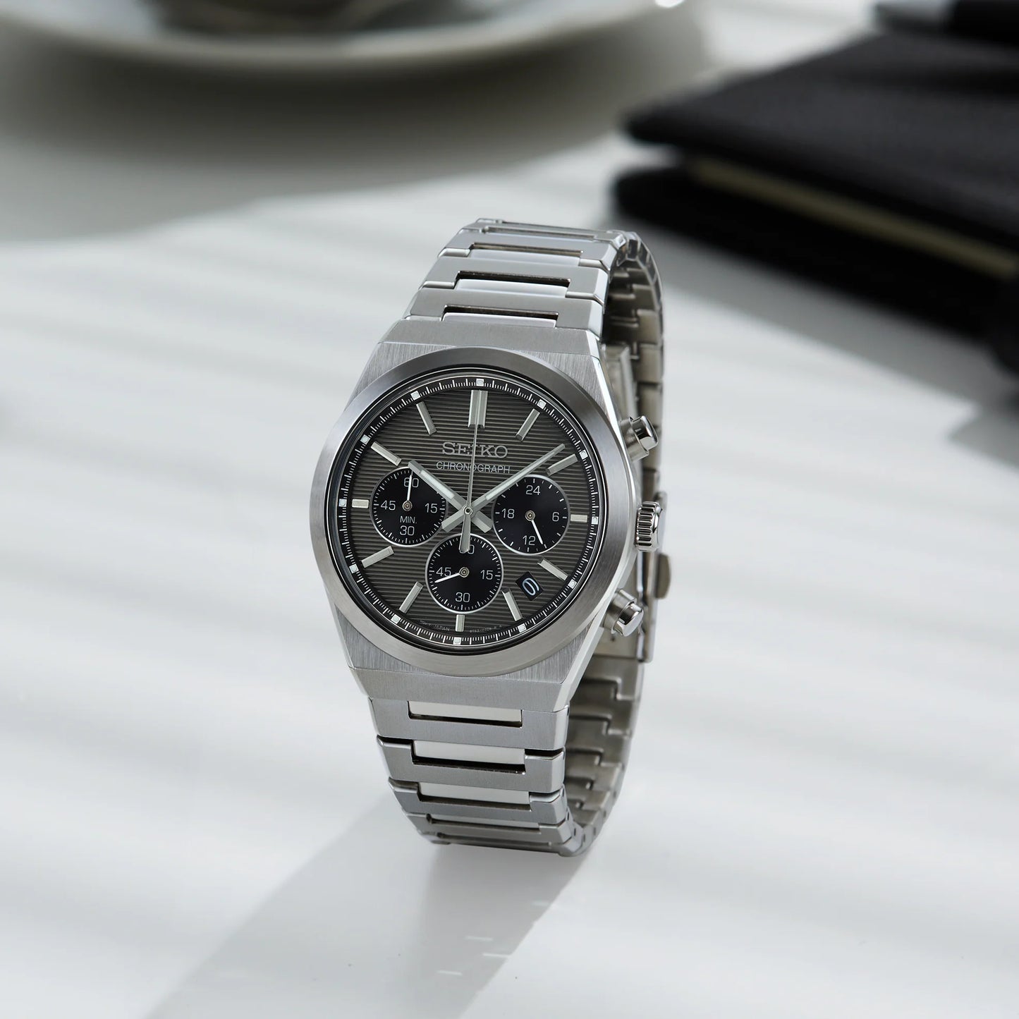 Seiko Essentials SSB455 - 40mm Stainless Steel Chronograph, Gray Dial with Three Subdials, 100m Water Resistance, Quartz Movement