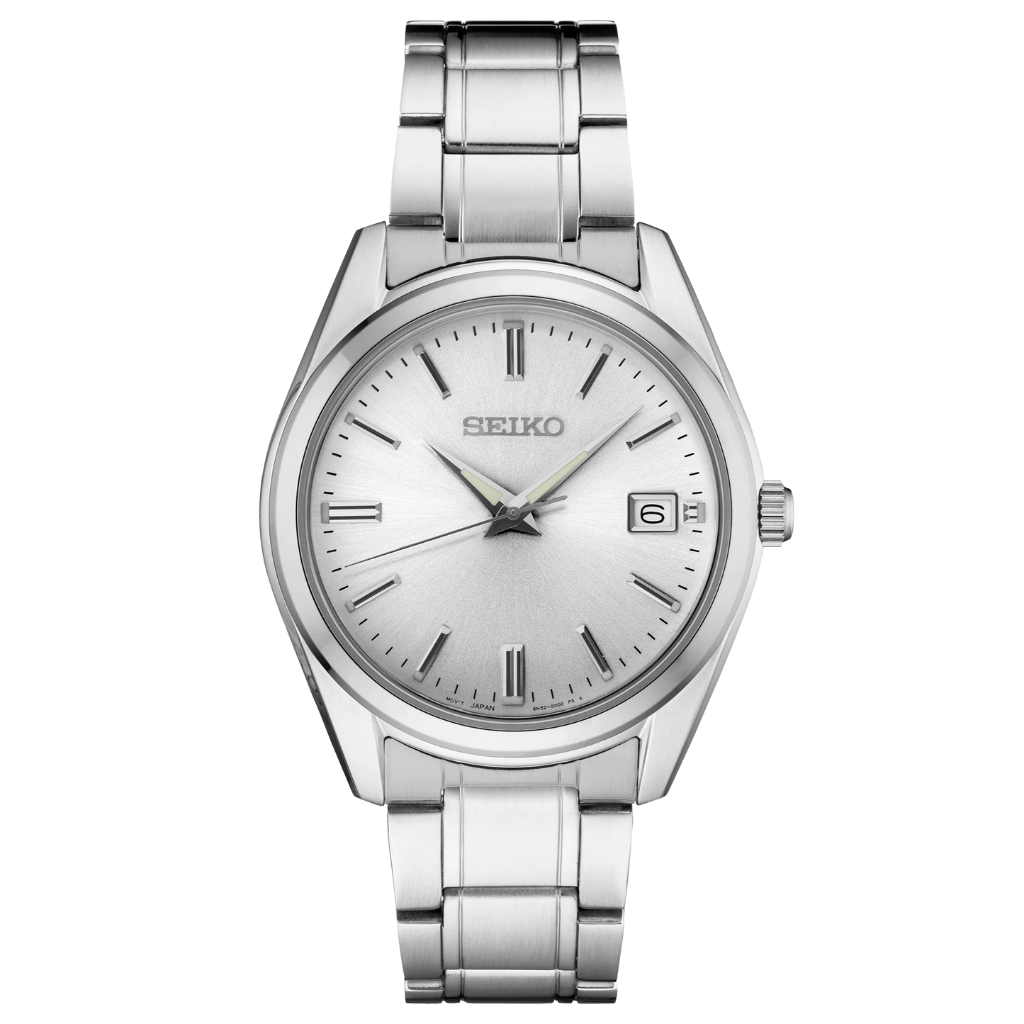 Silver Seiko watch with a white face on a white background