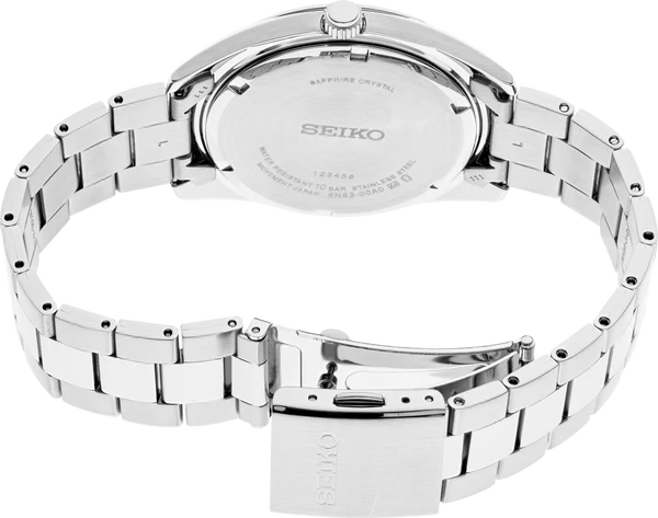 Silver stainless steel watch band and case back of a Seiko watch, shown on a clean white background.