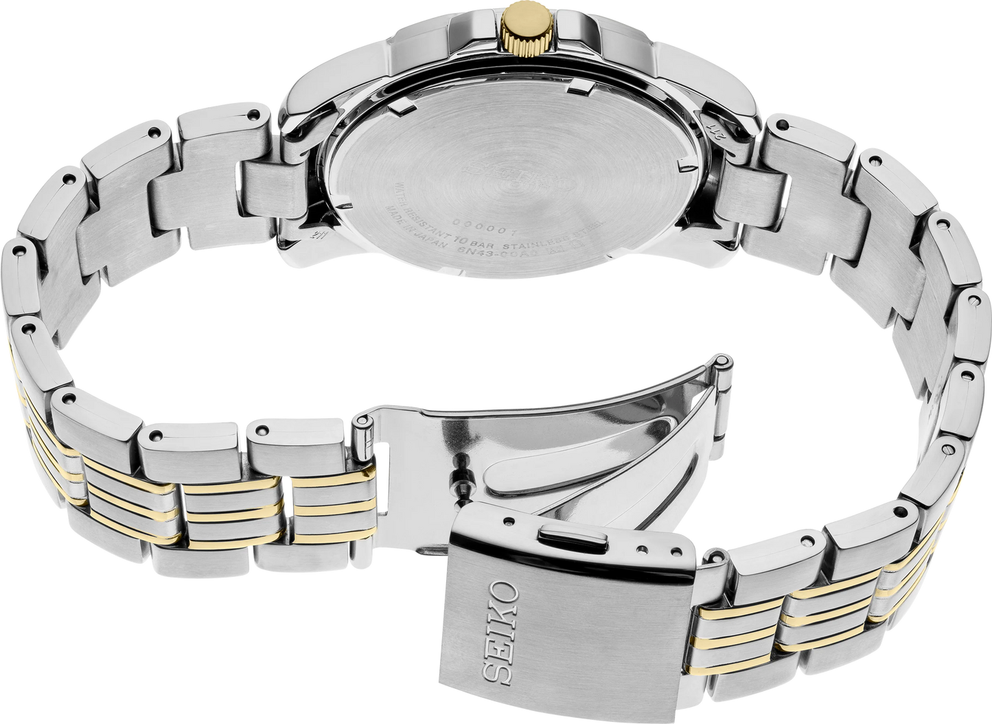 Silver and gold Seiko watch on a white background