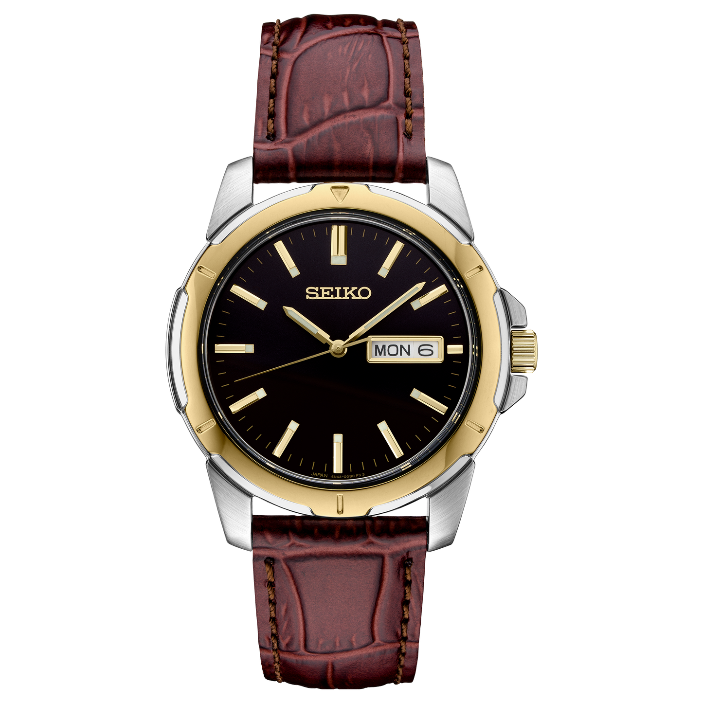 Seiko watch with brown leather strap and black dial on a white background