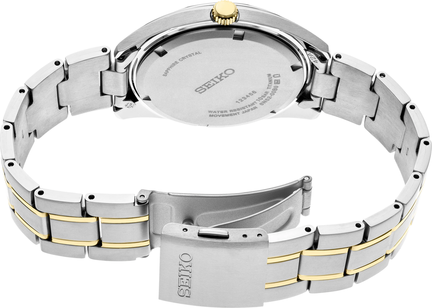 Seiko watch with two-tone metal band on a white background