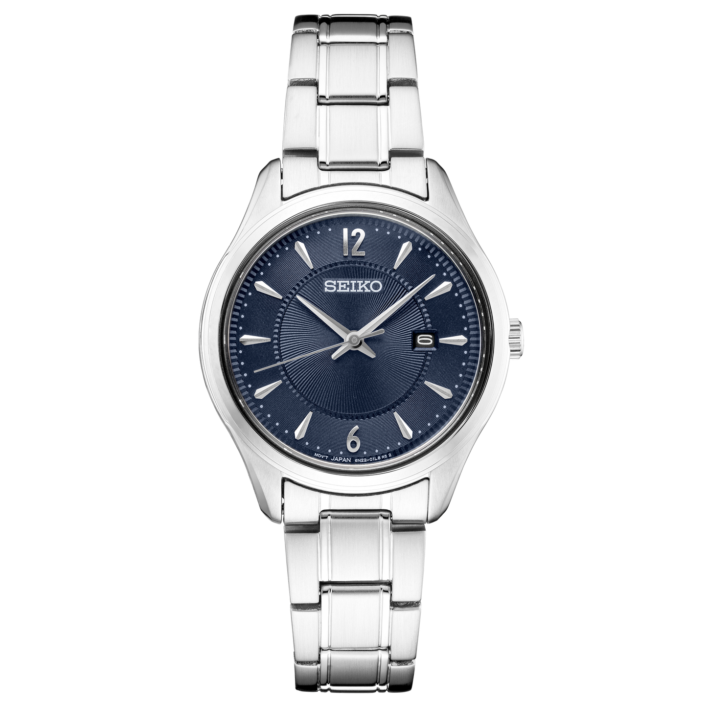 Seiko watch with silver bracelet and blue dial on a white background