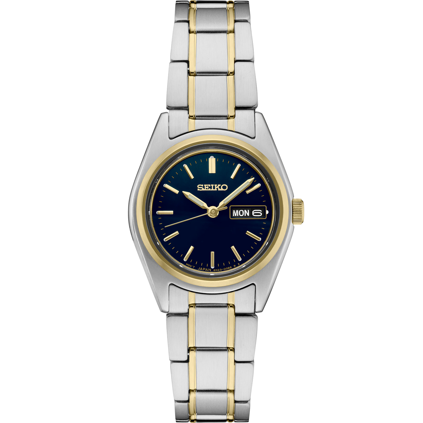 Seiko Essentials SUR436 Women's Watch – Blue Sunray Dial, Gold-Tone Markers, Two-Tone Stainless Steel Bracelet, Day-Date Display, 100M Water Resistant Quartz Timepiece
