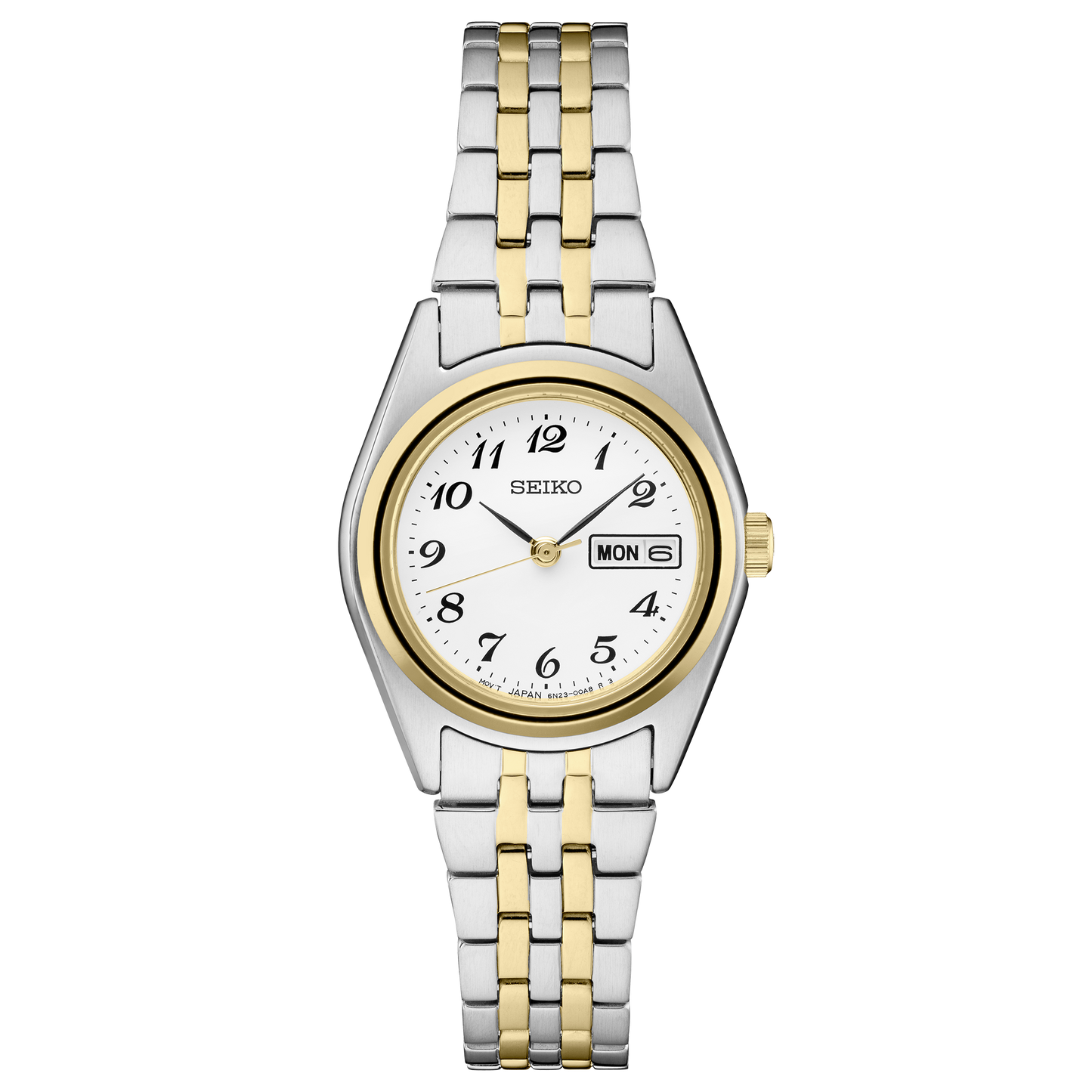 Two-tone watch with silver and gold band on a white background