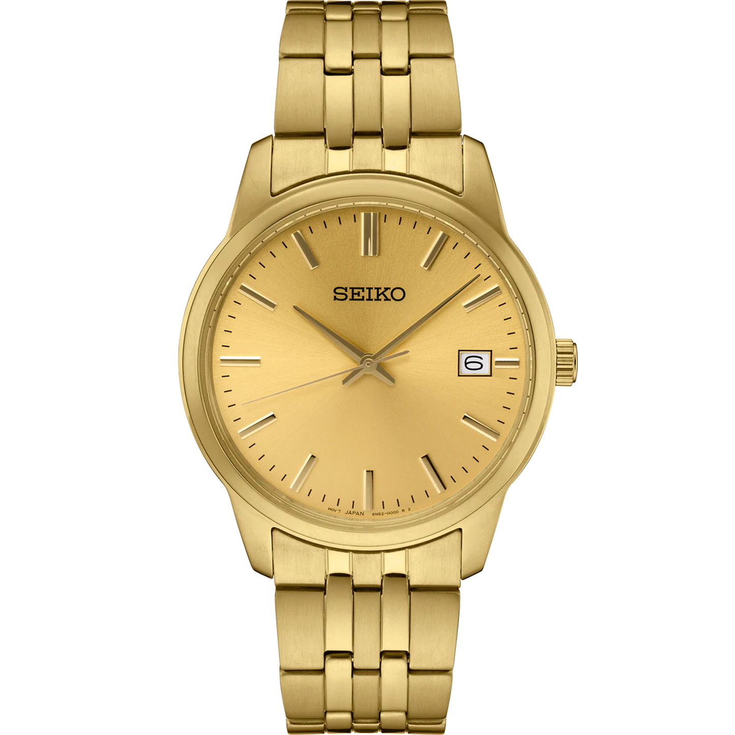 Seiko Essentials SUR442 gold-tone quartz watch with 40mm stainless steel case, champagne dial, date display, and Hardlex crystal – water-resistant to 100m, minimalist design for everyday wear, available at Miseki Jewelry