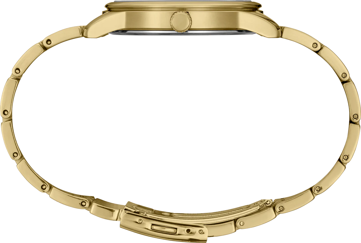 Seiko Essentials SUR442 gold-tone quartz watch with 40mm stainless steel case, champagne dial, date display, and Hardlex crystal – water-resistant to 100m, minimalist design for everyday wear, available at Miseki Jewelry