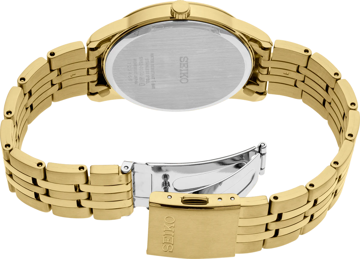 Seiko Essentials SUR442 gold-tone quartz watch with 40mm stainless steel case, champagne dial, date display, and Hardlex crystal – water-resistant to 100m, minimalist design for everyday wear, available at Miseki Jewelry