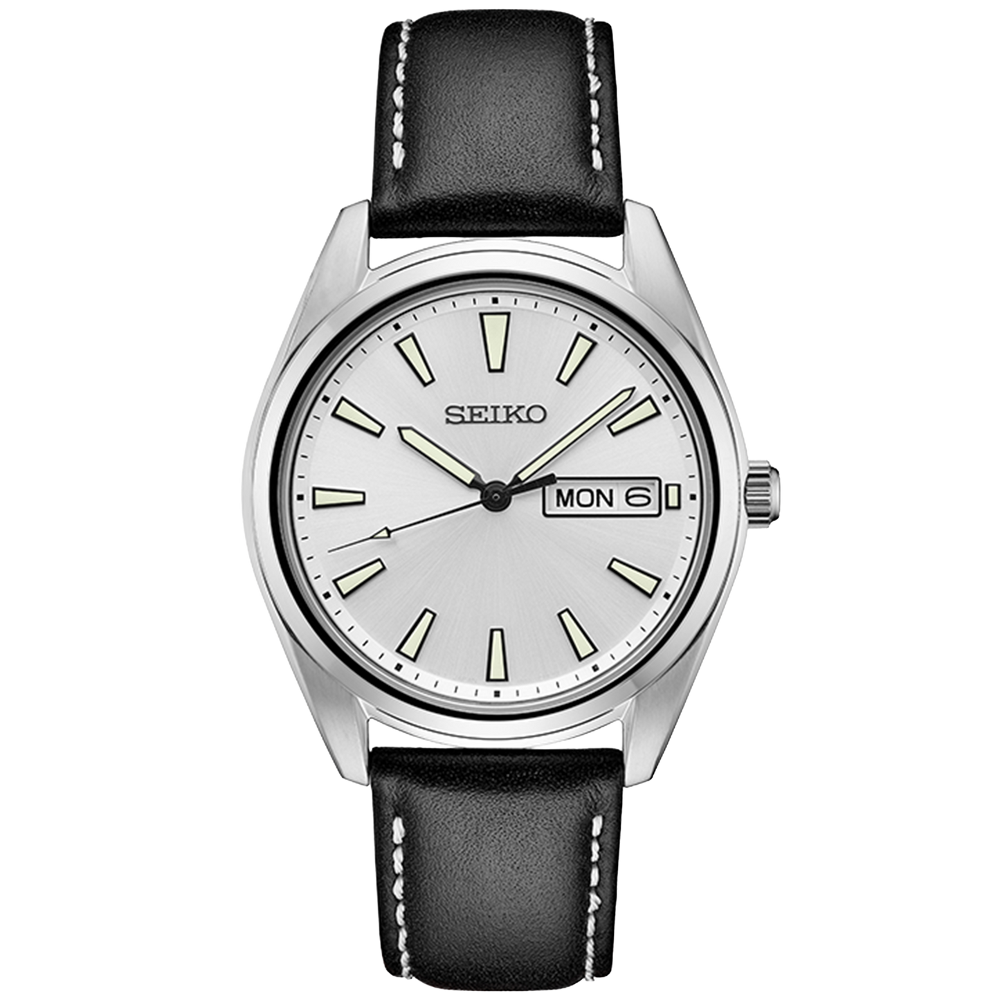 Seiko watch with black leather strap and silver case on a white background
