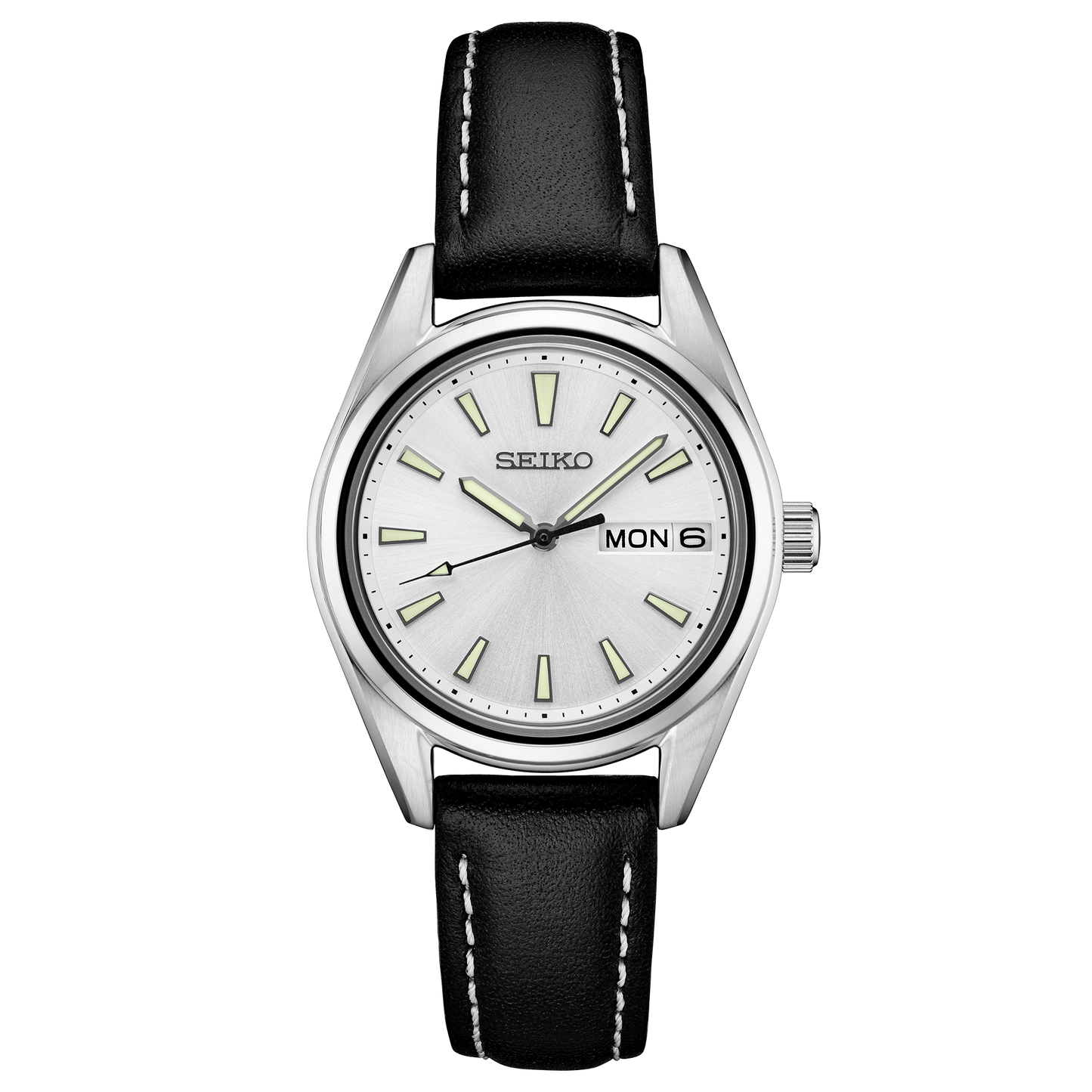 Seiko watch with black leather strap on a white background