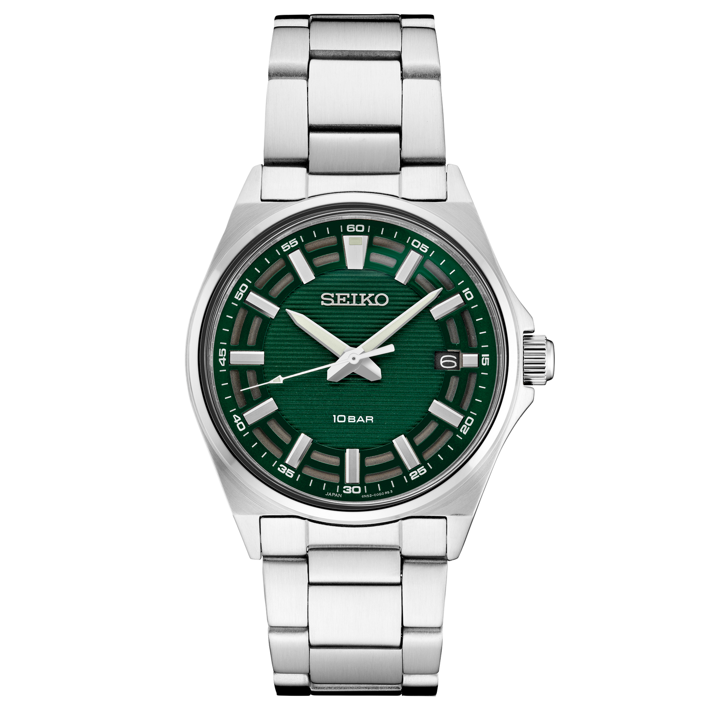 Seiko watch with green dial and silver metal strap on white background