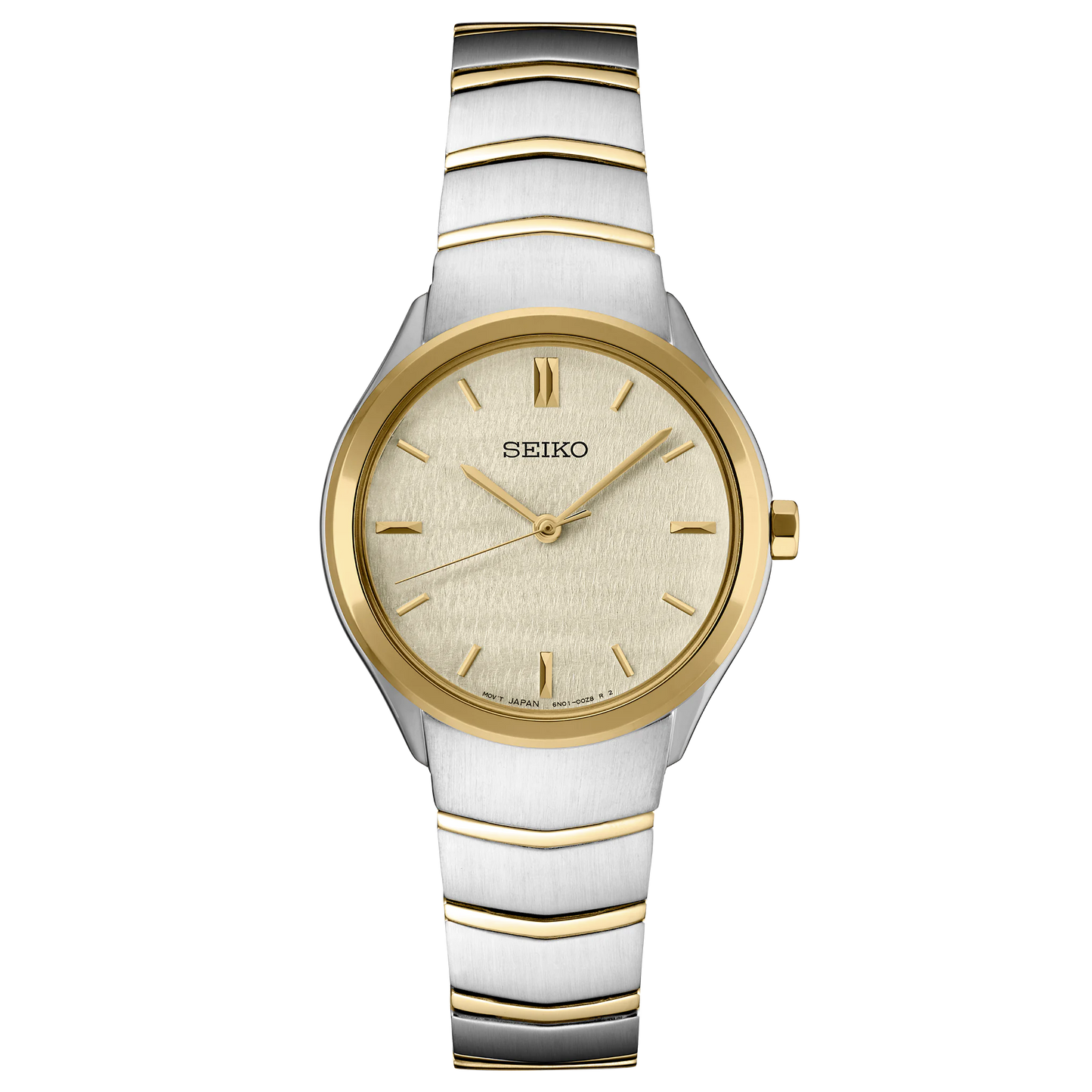 Seiko watch with white and gold band on a white background