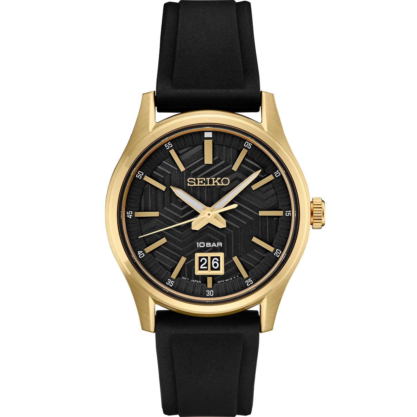 SEIKO SUR560 from the Essentials Collection – matte black dial with y-pattern, gold accents, big date display, gold-tone stainless steel case, black silicone strap, and 100m water resistance.