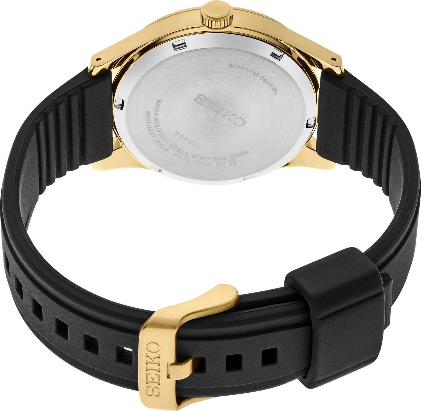 SEIKO SUR560 from the Essentials Collection – matte black dial with y-pattern, gold accents, big date display, gold-tone stainless steel case, black silicone strap, and 100m water resistance.