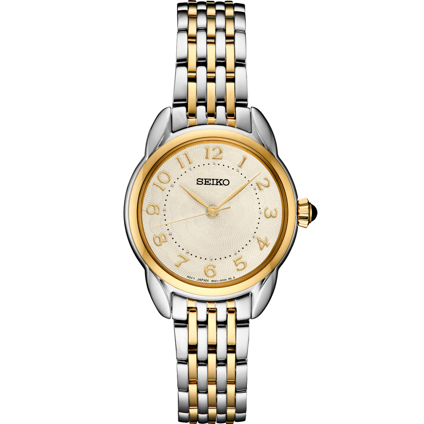 Seiko SUR562 – elegant two-tone stainless steel watch with ivory patterned dial, gold hands, Arabic numerals, cabochon crown, and curved Hardlex crystal from the Essentials Collection.