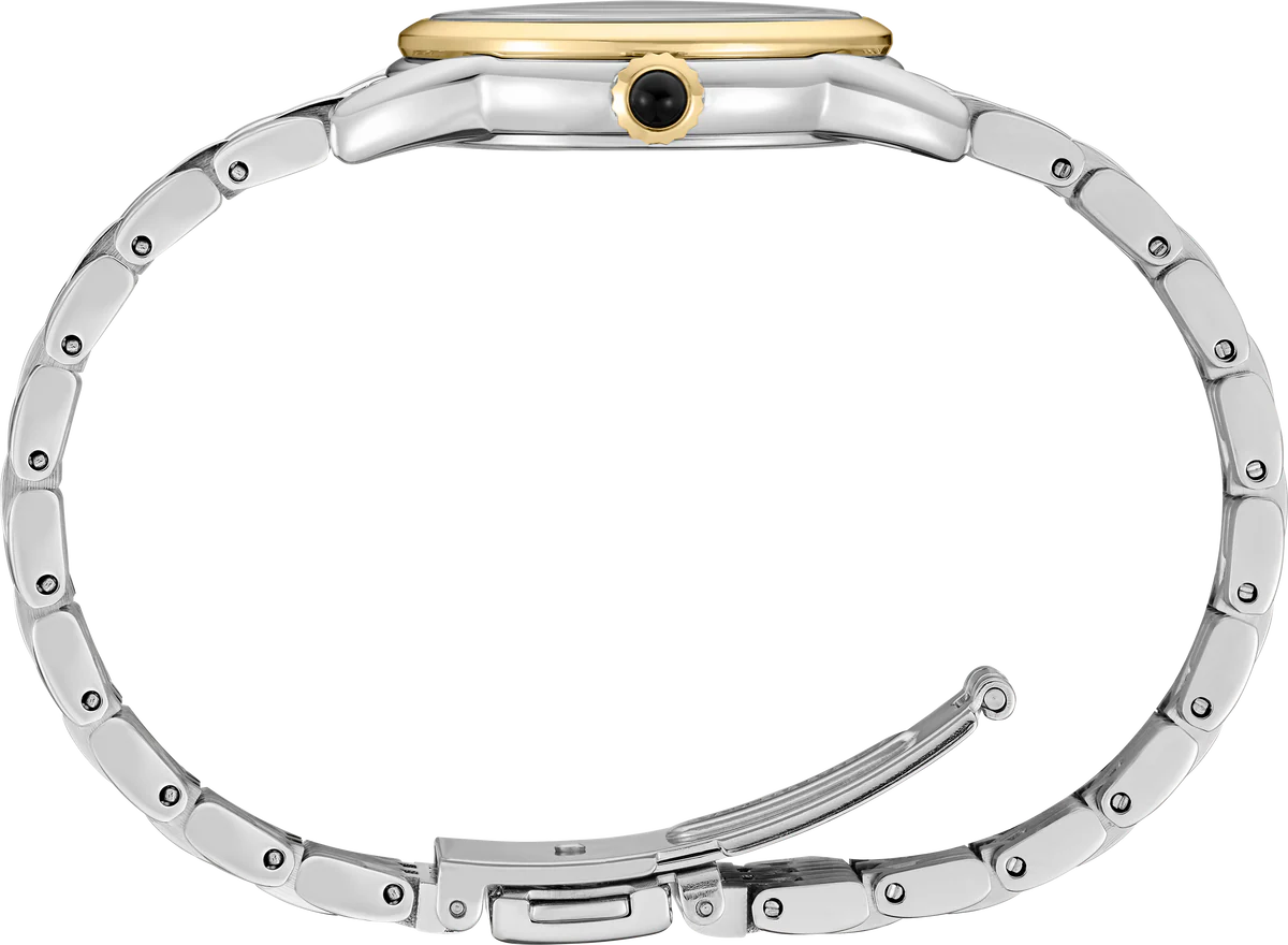 Seiko SUR562 – elegant two-tone stainless steel watch with ivory patterned dial, gold hands, Arabic numerals, cabochon crown, and curved Hardlex crystal from the Essentials Collection.