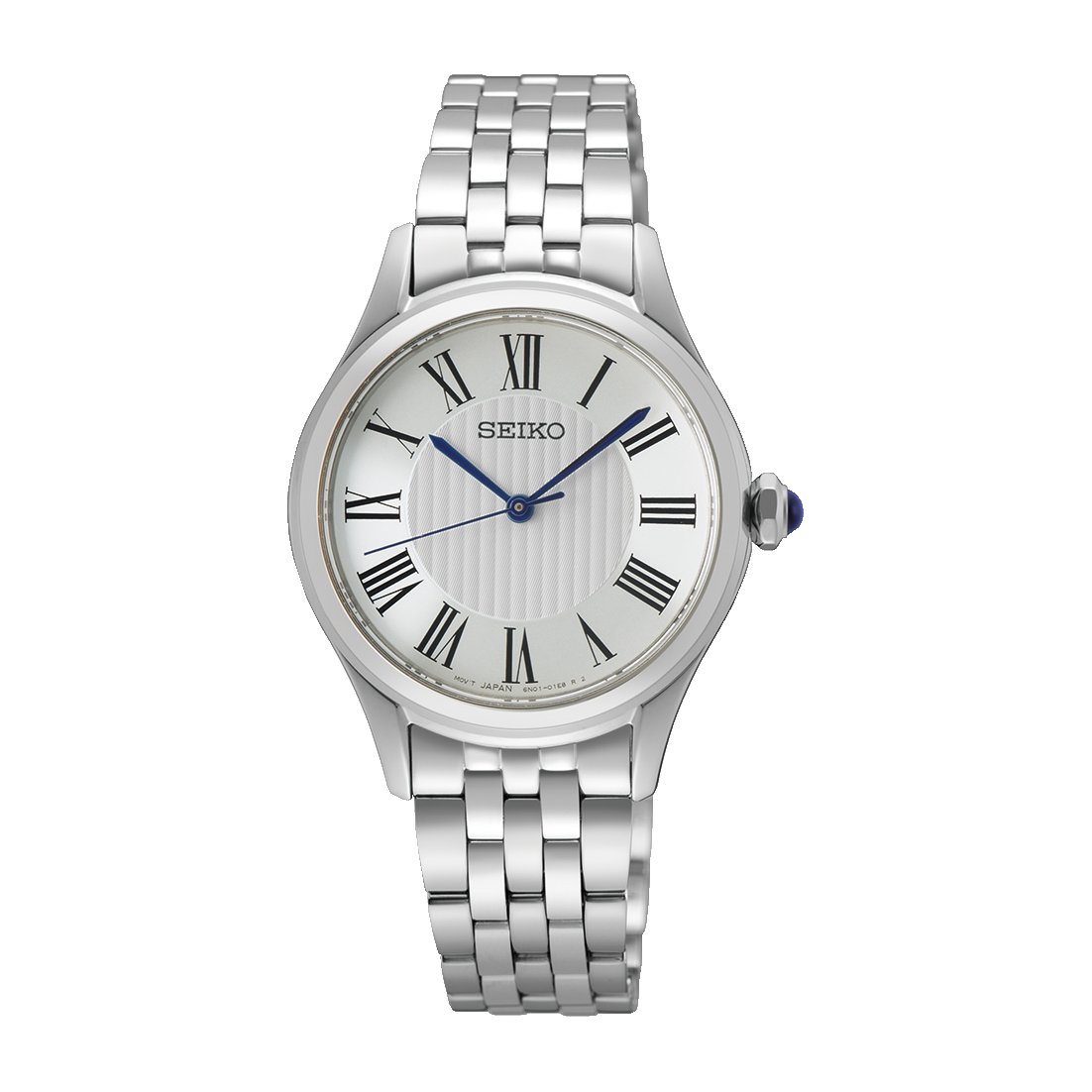 Seiko SUR609 Essentials – stainless steel quartz watch with silver Roman numeral dial, blue hands, sapphire crystal, slim 6.2mm profile, and 50m water resistance.