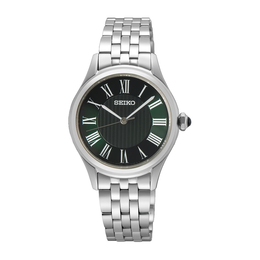 Seiko SUR611 Essentials – stainless steel quartz watch with green Roman numeral dial, sapphire crystal, slim 6.2mm profile, and 50m water resistance.