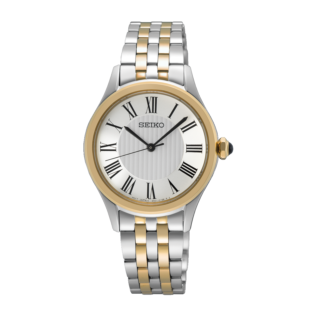Seiko SUR612 Essentials – two-tone stainless steel quartz watch with white Roman numeral dial, gold-tone accents, sapphire crystal, and 50m water resistance.