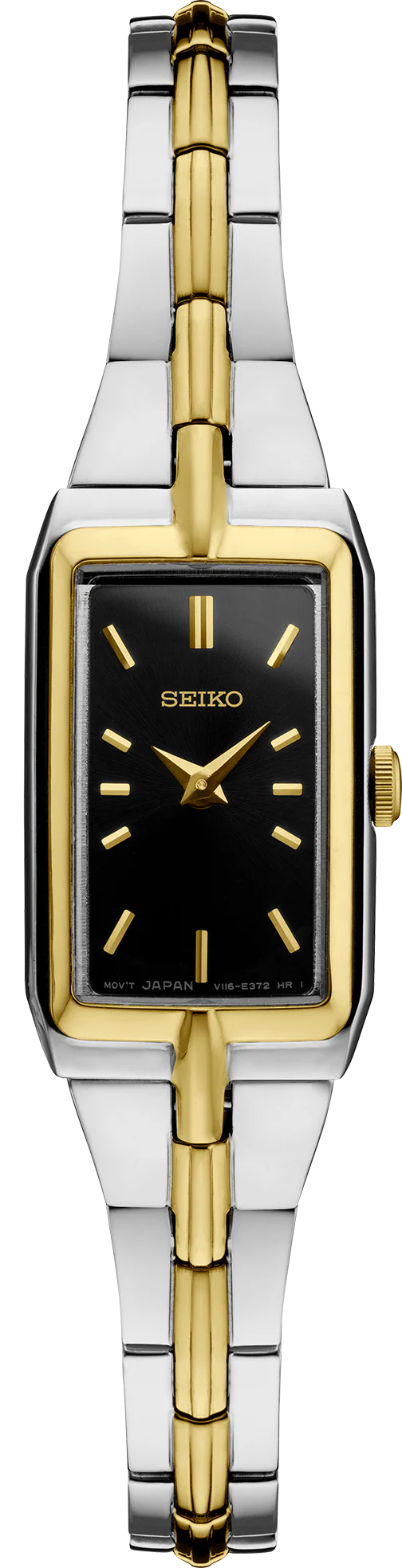 Seiko Essentials SWR046 Women's Watch – Rectangular Black Dial, Gold-Tone Hands, Two-Tone Stainless Steel Bracelet, Quartz Movement, Elegant Jewelry-Inspired Design