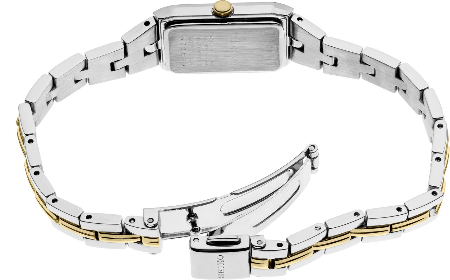 Seiko Essentials SWR046 Women's Watch – Rectangular Black Dial, Gold-Tone Hands, Two-Tone Stainless Steel Bracelet, Quartz Movement, Elegant Jewelry-Inspired Design