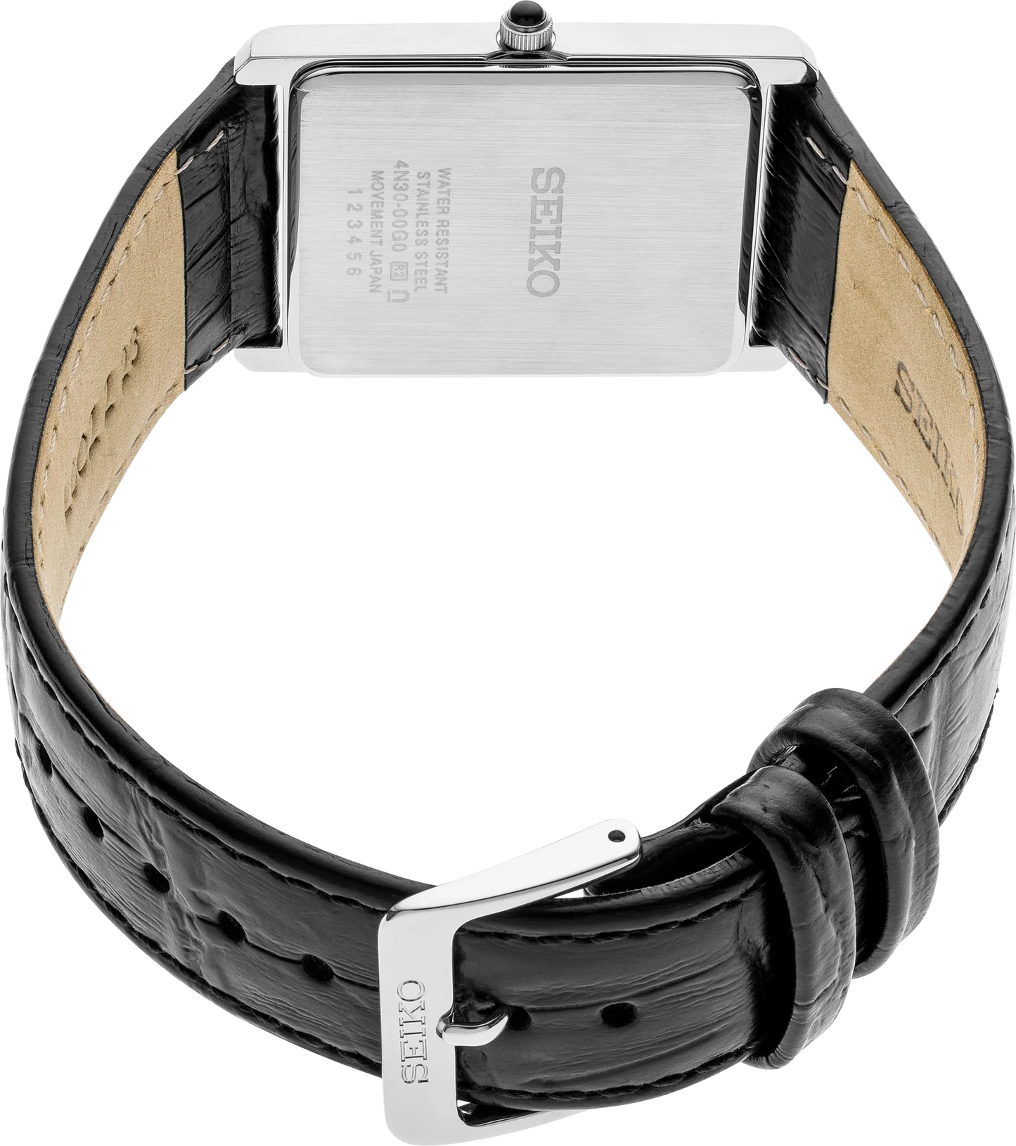 Seiko SWR053 – sleek rectangular stainless steel watch with white Roman numeral dial, cabochon crown, and black calf leather strap; timeless design from the Essentials Collection.