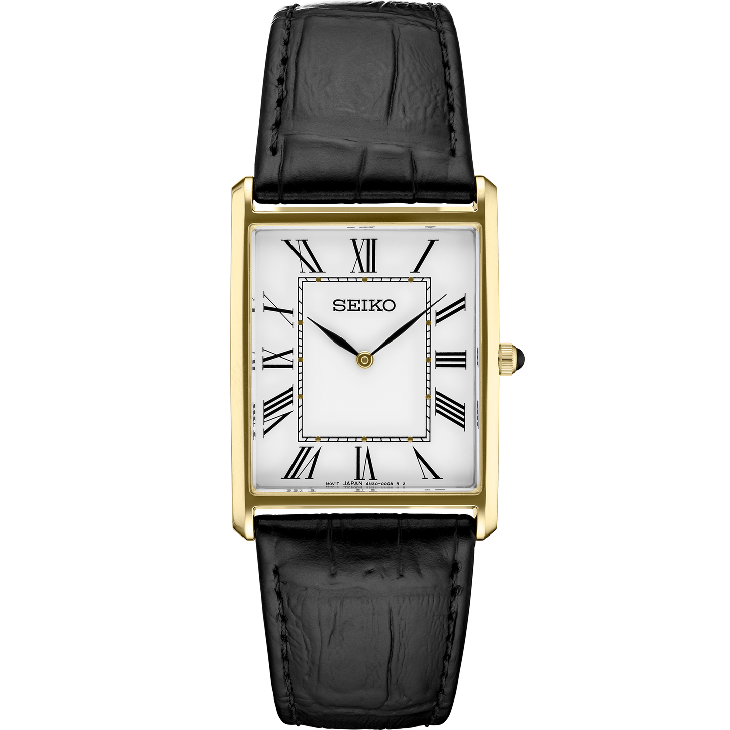 Seiko Essentials Collection watch with rectangular gold-tone case, white Roman numeral dial, cabochon crown, and black leather strap – classic everyday style with 30m water resistance.