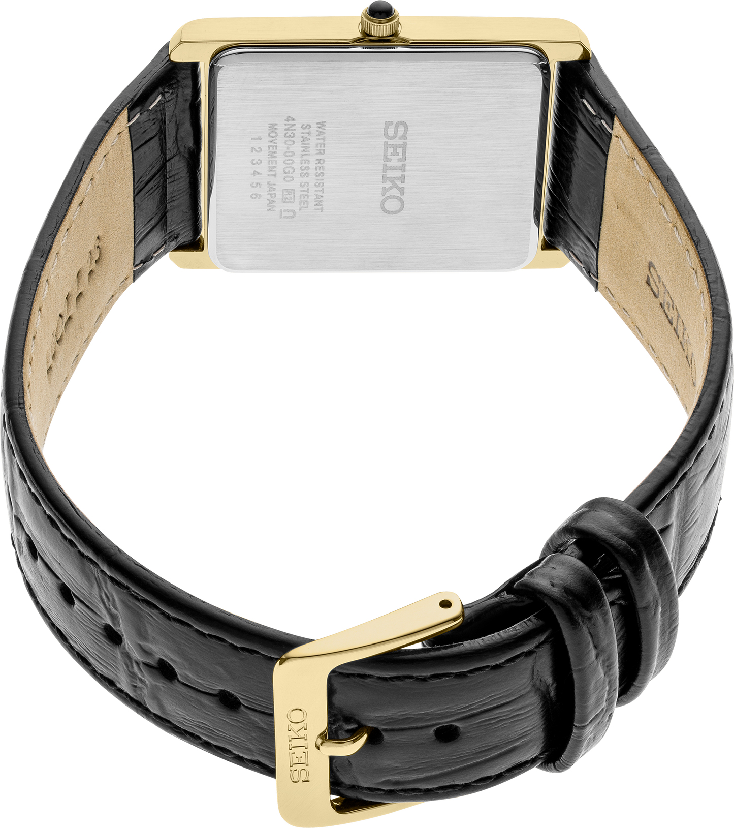 Seiko Essentials Collection watch with rectangular gold-tone case, white Roman numeral dial, cabochon crown, and black leather strap – classic everyday style with 30m water resistance.