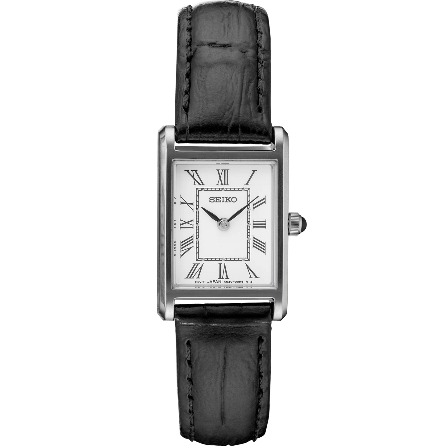 Seiko SWR053 – rectangular stainless steel watch with white Roman numeral dial, cabochon crown, and black leather strap; slim profile and classic elegance from the Essentials Collection.