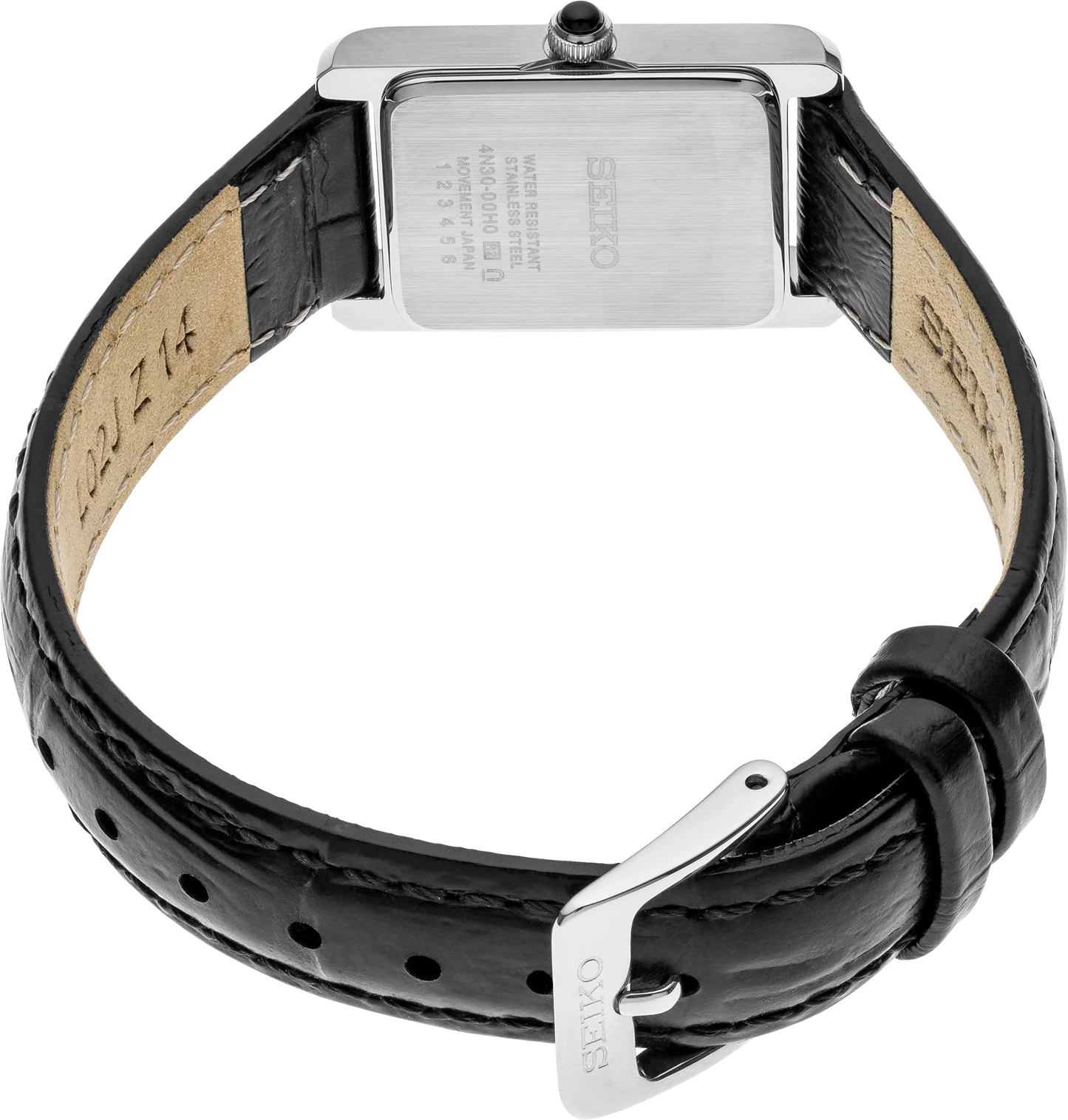 Seiko SWR053 – rectangular stainless steel watch with white Roman numeral dial, cabochon crown, and black leather strap; slim profile and classic elegance from the Essentials Collection.