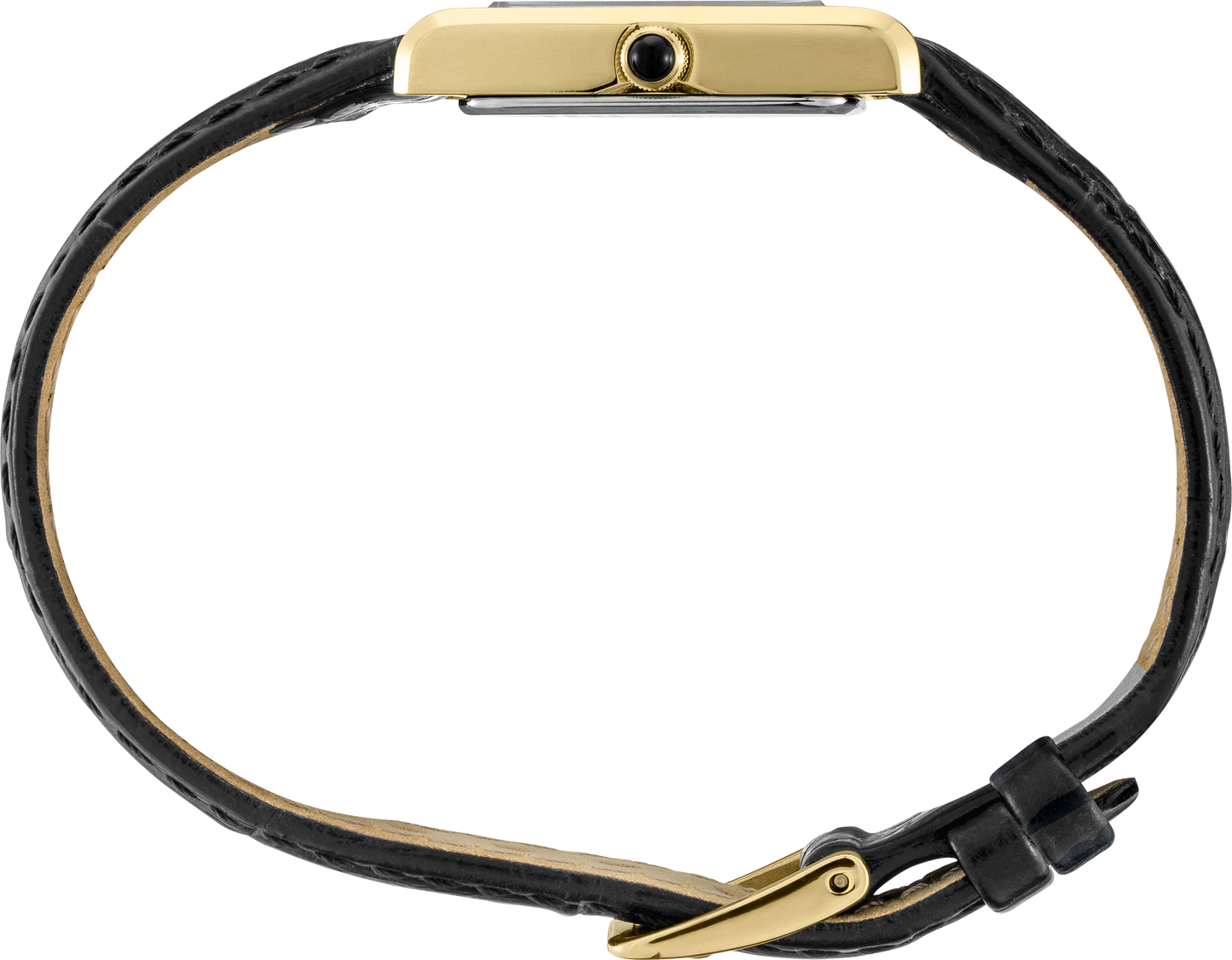 Seiko Essentials Collection watch with gold-tone rectangular case, white Roman numeral dial, cabochon crown, and black leather strap – timeless elegance for daily wear.