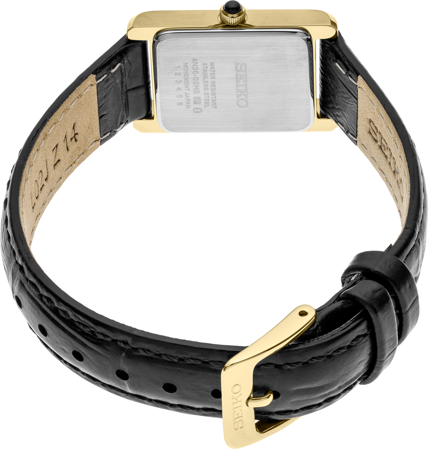 Seiko Essentials Collection watch with gold-tone rectangular case, white Roman numeral dial, cabochon crown, and black leather strap – timeless elegance for daily wear.