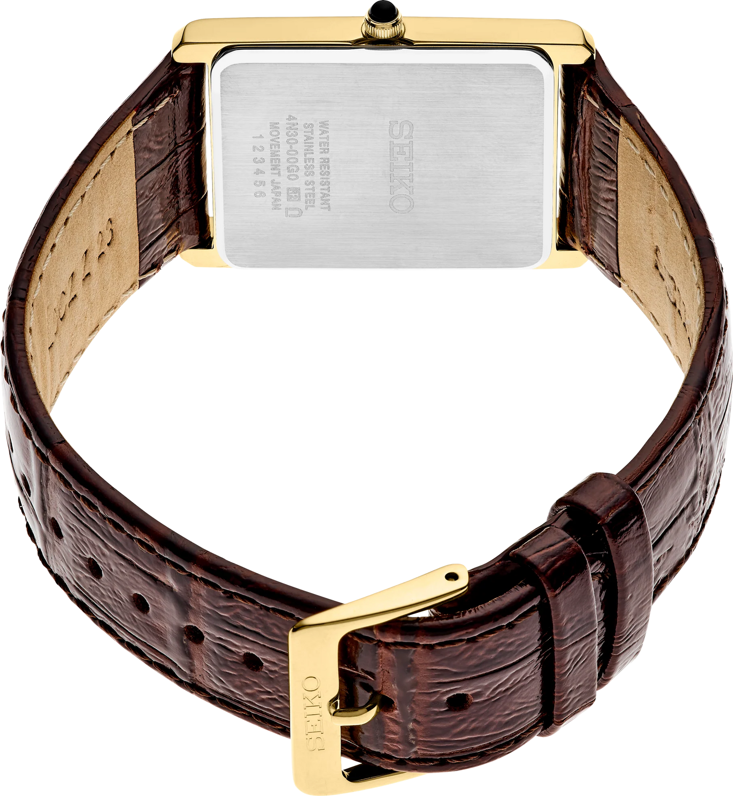Seiko SWR064 Essentials Collection Rectangular Gold-Tone Watch with Champagne Dial and Brown Leather Strap – Elegant Women's Dress Timepiece