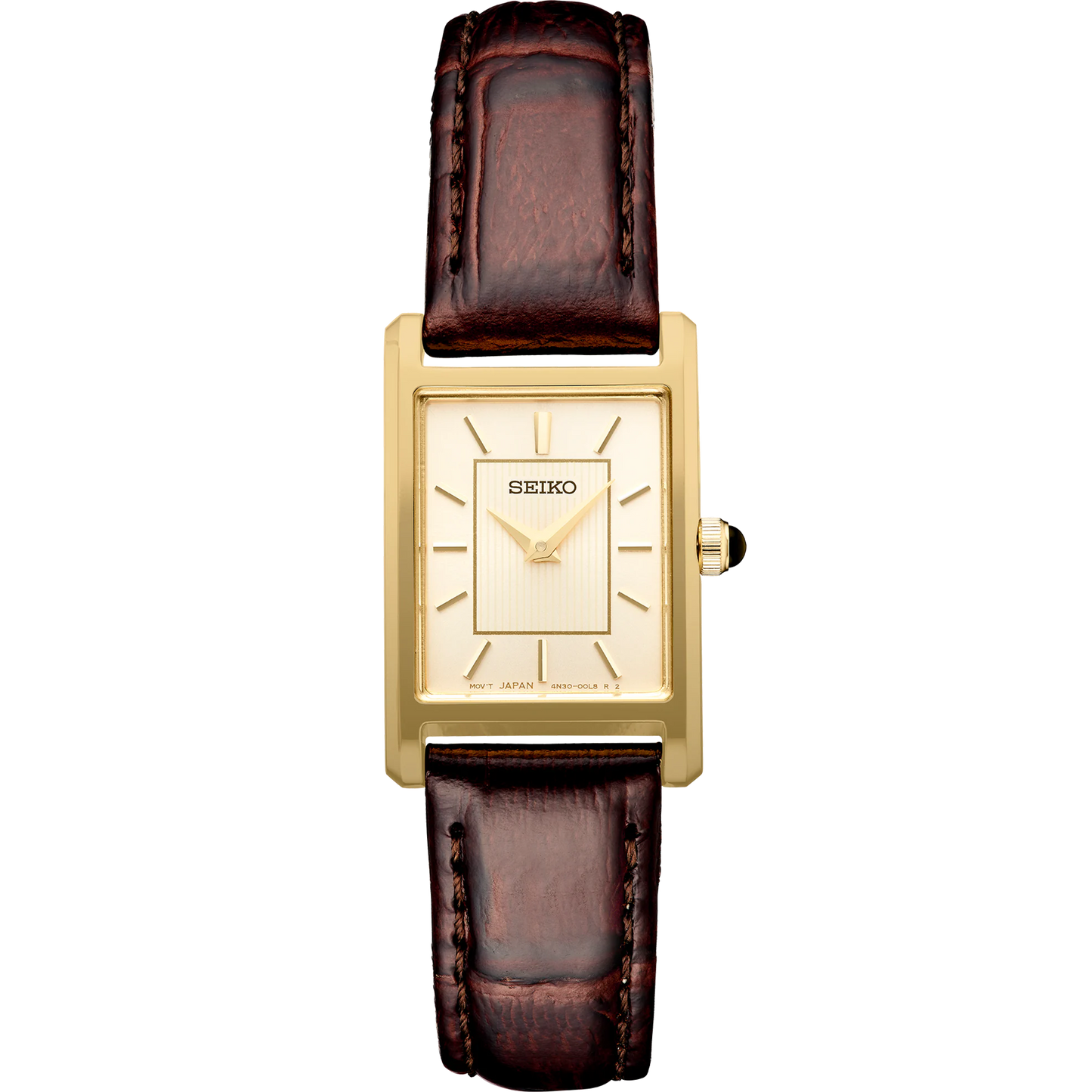 Seiko SWR066 – rectangular gold-tone watch with light champagne sunray dial, cabochon crown, and textured brown leather strap; elegant everyday style from the Essentials Collection.