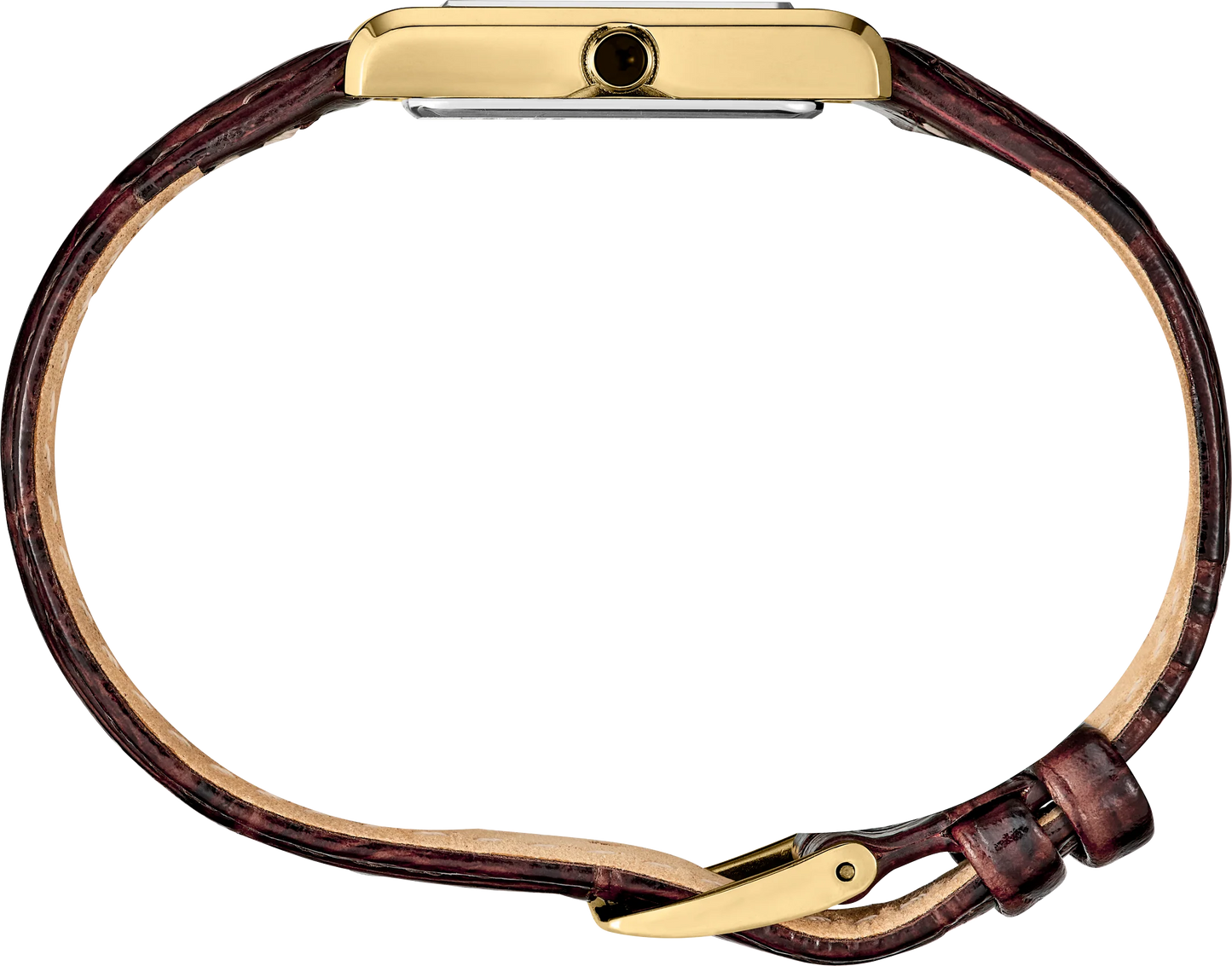 Seiko SWR066 – rectangular gold-tone watch with light champagne sunray dial, cabochon crown, and textured brown leather strap; elegant everyday style from the Essentials Collection.