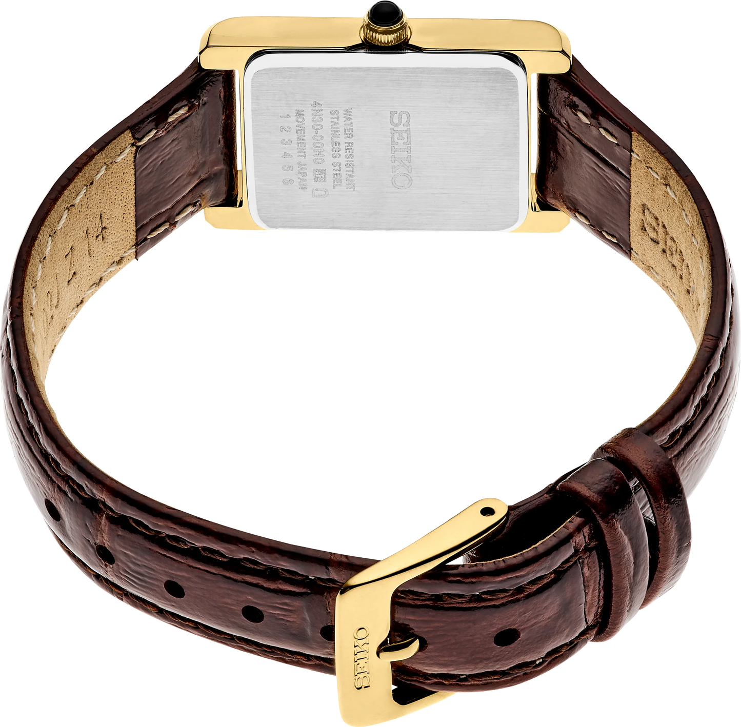 Seiko SWR066 – rectangular gold-tone watch with light champagne sunray dial, cabochon crown, and textured brown leather strap; elegant everyday style from the Essentials Collection.