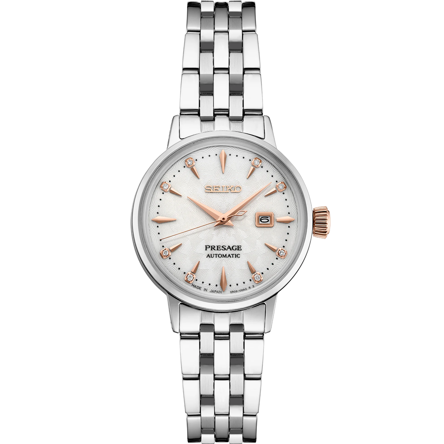 Seiko Presage SRE009 - 30.3mm Stainless Steel Cocktail Time Watch, White Dial with 8 Diamonds, Rose Gold-Tone Markers, 50m Water Resistance, Automatic Movement